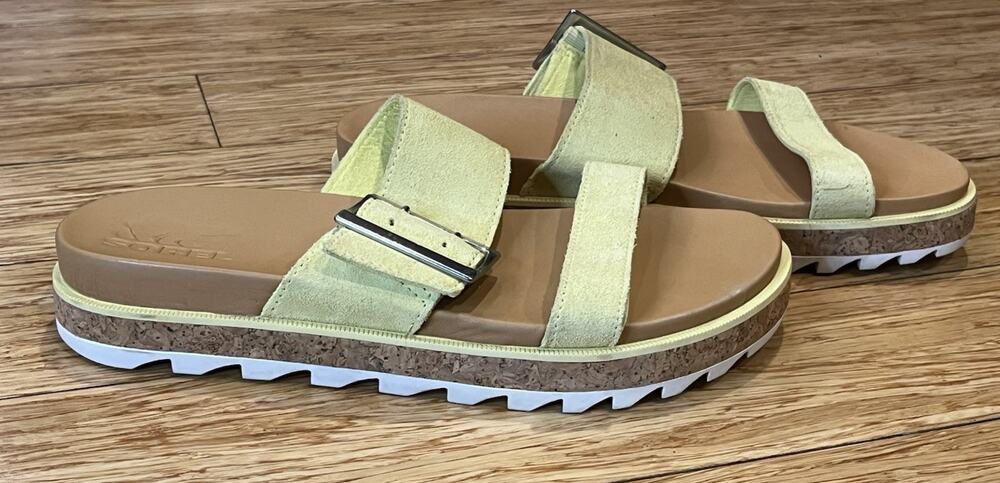 Sorel Roaming Buckle Slide Platform Sandal Yellow Size 8.5 Suede Cork Rubber